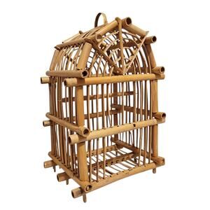 Vintage Bamboo Rattan Birdcage Boho MCM Cottage Rustic Decor